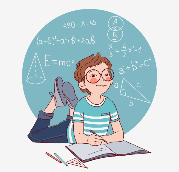 Ilustração de uma criança estudando e ao fundo fórmulas matemáticas.