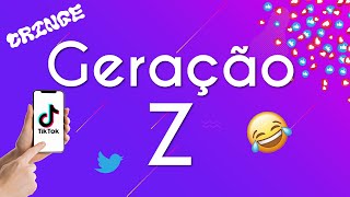 "Geração Z" escrito sobre fundo roxo, em volta há ilustrações de um emoji sorrindo, logo do twitter, mão com celular e a palavra "cringe"