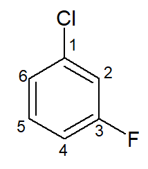 Estrutura do 1-cloro-3-flúor-benzeno ou meta-cloro-flúor-benzeno.