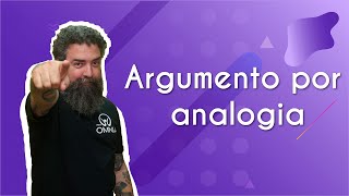 "Argumento por analogia" escrito sobre fundo roxo ao lado da imagem do professor