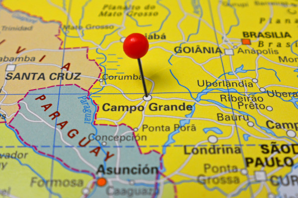 Recorte de mapa onde está destacada a localização de Campo Grande
