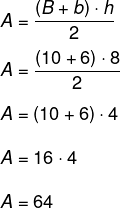 Cálculo da área de um trapézio com bases medindo 10 cm e 6 cm, e altura medindo 4 cm.