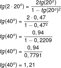 Cálculo para encontrar o valor da tangente do ângulo de 40º.