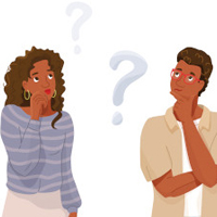 Ilustração de duas pessoas confusas e com pontos de interrogação