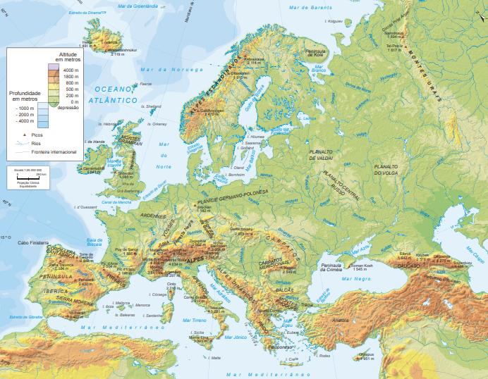Mapa físico da Europa. Fonte: IBGE
