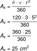Cálculo da área de setor circular com ângulo de 120° e raio de 5 cm