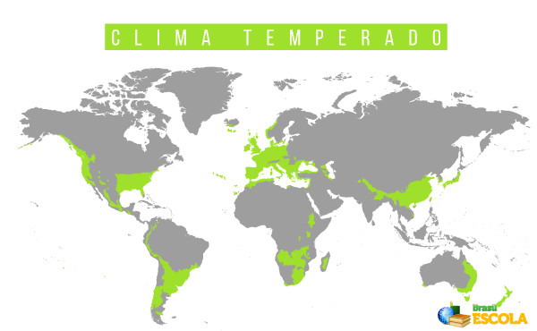 Mapa destacando as zonas temperadas do planeta.