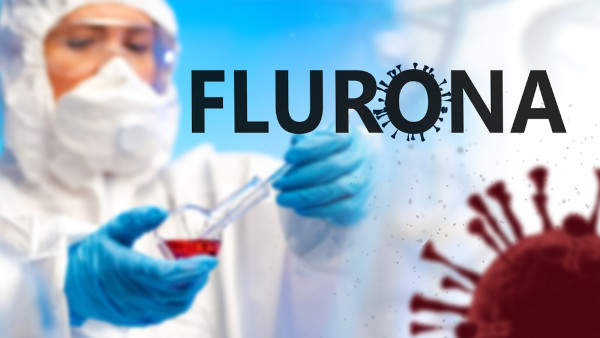 Cientista analisando amostra e em destaque o termo "Flurona" com a ilustração de um vírus.