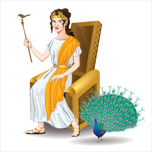 Ilustração da deusa grega Hera sentada em um trono dourado ao lado de um pavão.