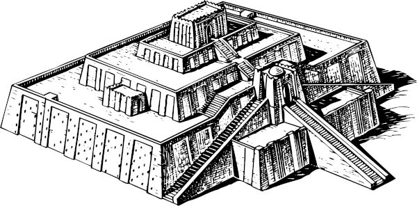 Ilustração em preto e branco de um zigurate.