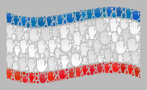Bandeira da Crimeia formada por mosaico de mãos levantadas em alusão à votação do referendo de anexação à Rússia.
