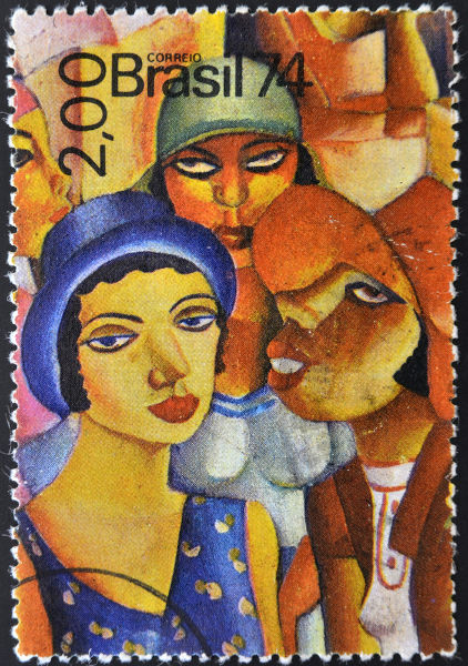 Selo estampado com parte da obra “Cinco Moças de Guaratinguetá”, produzida, em 1930, por Di Cavalcanti. [2]