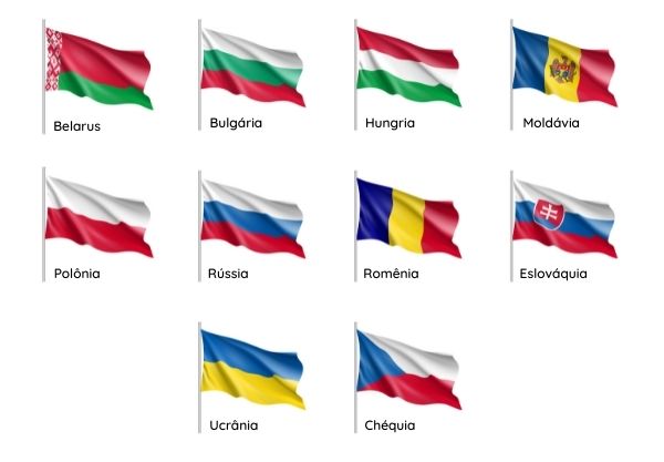 Bandeiras dos países que fazem parte do Leste Europeu de acordo com classificação da ONU.
