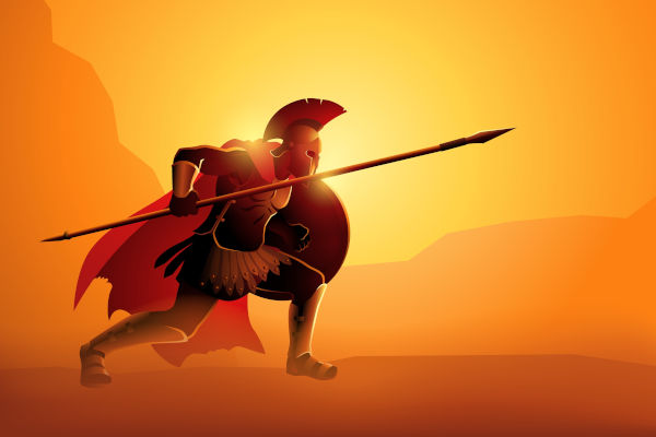 Ilustração do deus da guerra Ares segurando um escudo e uma lança.