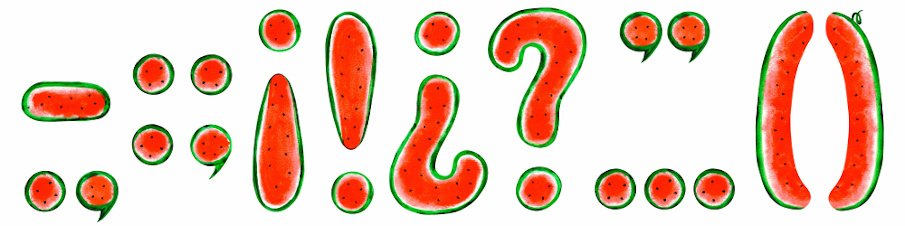 Ilustração de vários sinais de pontuação compostos por melancia sobre um fundo branco.