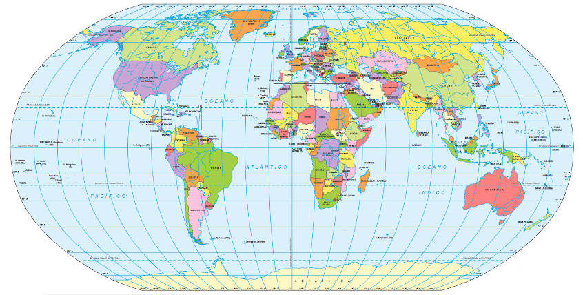 Mapa-múndi político com a identificação dos países. Fonte: IBGE. [1]