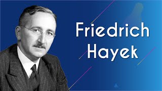 "Friedrich Hayek" escrito sobre fundo azul, ao lado há a imagem do economista