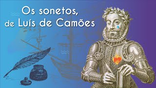 "Os sonetos, de Luís de Camões" escrito sobre ilustração de uma caravela, pena, tinta e a imagem de Luís de Camões