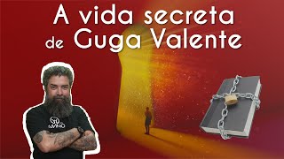 "A vida secreta de Guga Valente" escrito sobre ilustração de uma fechadura gigante e um livro acorrentado e uma imagem do professor Guga Valente