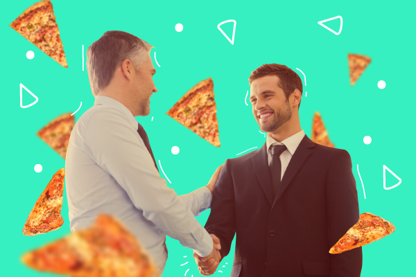 Dois homens se cumprimentando e ao redor deles várias pizzas caem ilustrando o conceito da expressão "acabar em pizza"