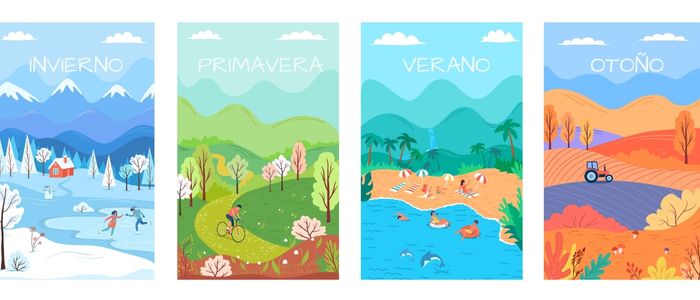 Esquema ilustrativo sobre as diferenças entre as estações do ano e seus nomes em espanhol.