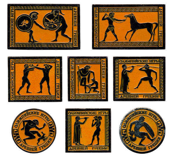 Metais de fundo amarelo mostram diferentes figuras de atletas olímpicos da Grécia Antiga. 