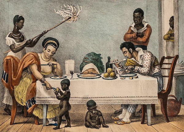 Pintura de Jean-Baptiste Debret retratando a relação de servidão entre escravizados e seus senhores no Brasil Colônia.