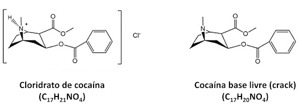 Fórmulas estruturais e moleculares do cloridrato de cocaína e do crack, droga cuja composição química deriva da cocaína.