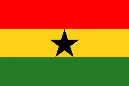 Bandeira de Gana, em vermelho, amarelo e verde. Estrela preta ao centro. 