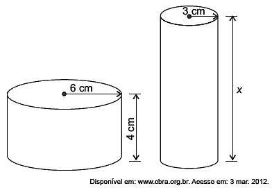  Ilustração de um cilindro com 4 cm de altura e 6 cm de raio ao lado de um cilindro com x de altura e 3 cm de raio.