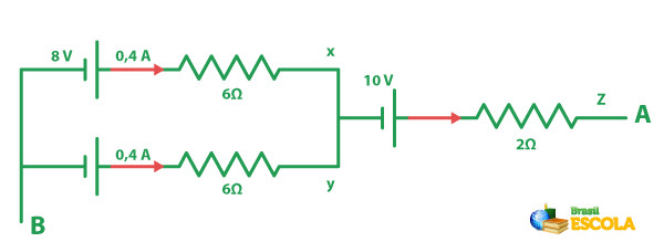 Associação mista de geradores com indicação de valores para o cálculo da tensão fornecida ao circuito.