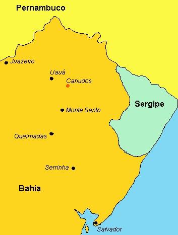 Mapa político de parte da região Nordeste brasileira, mostrando a localização de Canudos.