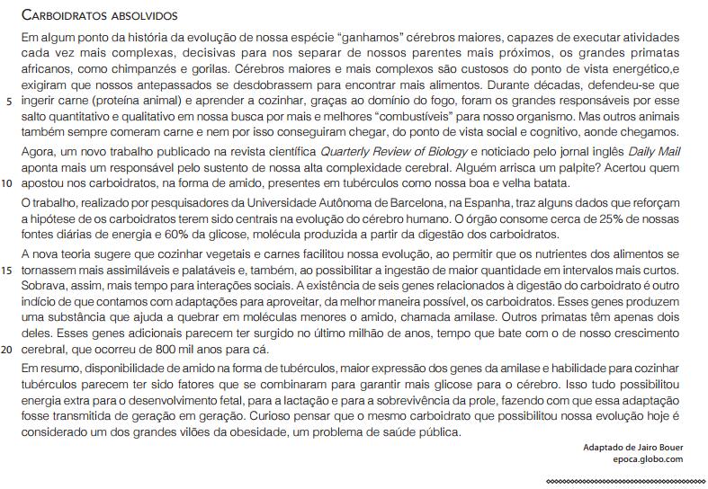 Texto “Carboidratos absolvidos”, de Jairo Bouer, adaptado pela Funrio para questão sobre acentuação de paroxítonas.