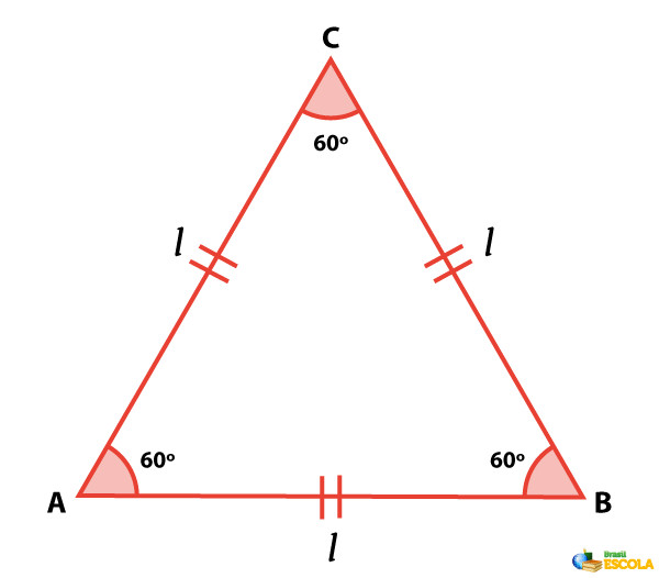Ilustração de um triângulo equilátero com lado l, que será utilizado na demonstração da fórmula da área do triângulo equilátero.