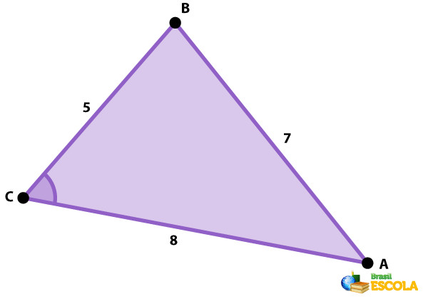 Triângulo com indicação da medida dos seus lados, no qual se usará a lei dos cossenos para descobrir a medida do ângulo C.