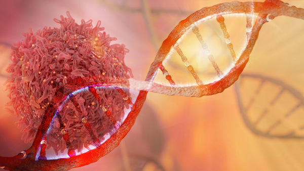 Célula cancerígena ao lado de molécula de DNA em alusão à síndrome de Li-Fraumeni.