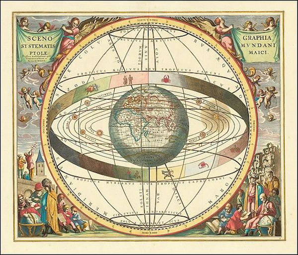 Representação do geocentrismo, modelo de Universo no qual o planeta Terra fica no centro de tudo.