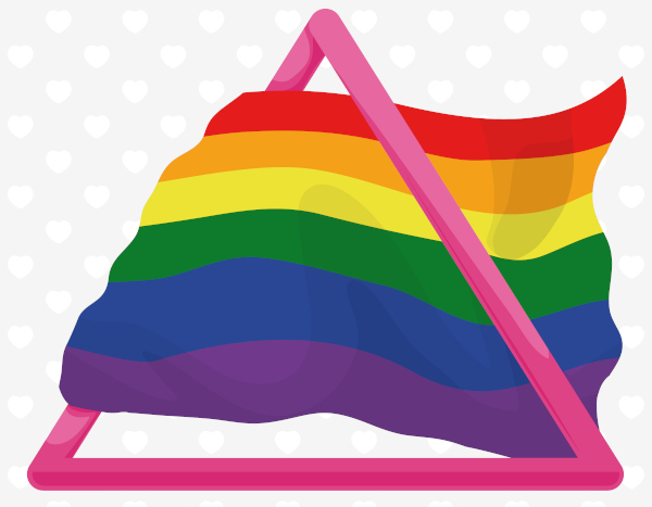 Triângulo rosa e bandeira com as cores do arco-íris, símbolos da comunidade LGBTQIA+.