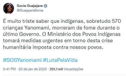Publicação da ministra Sonia Guajajara, ministra dos Povos Indígenas