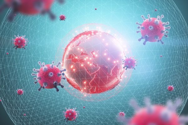 Vários coronavírus ao redor de globo terrestre em alusão à pandemia de covid-19.