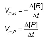 Fórmulas da velocidade média de uma reação química para o reagente e para o produto, estudadas na cinética química.