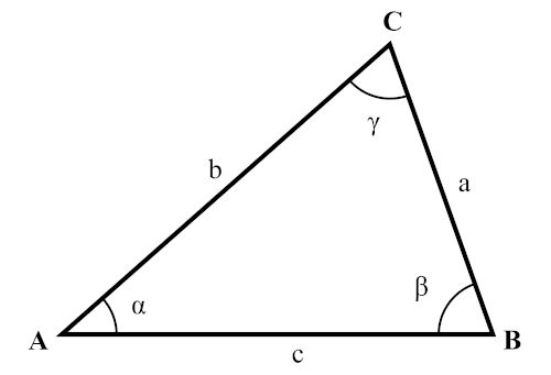 Ilustração de um triângulo qualquer para indicar o que a lei das tangentes determina.