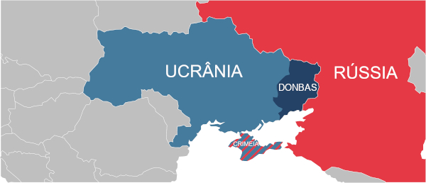 Mapa mostra a fronteira entre a Rússia e a Ucrânia, bem como as regiões disputadas por esses países (Donbass e Crimeia).