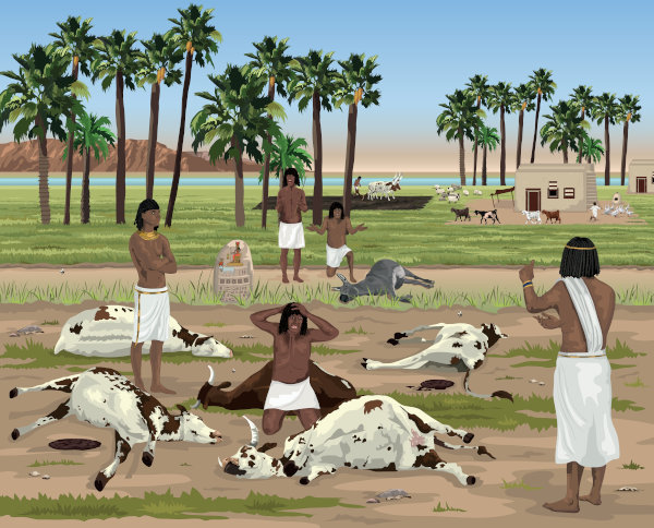 Ilustração de egípcios no campo lamentando os animais mortos por uma das dez pragas do Egito.