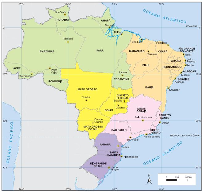 Mapa do Brasil com escala no canto inferior direito.