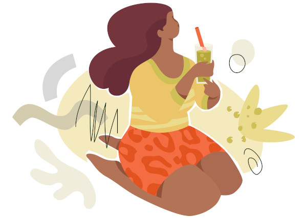 Ilustração de uma pessoa de cabelos longos segurando um copo com suco.