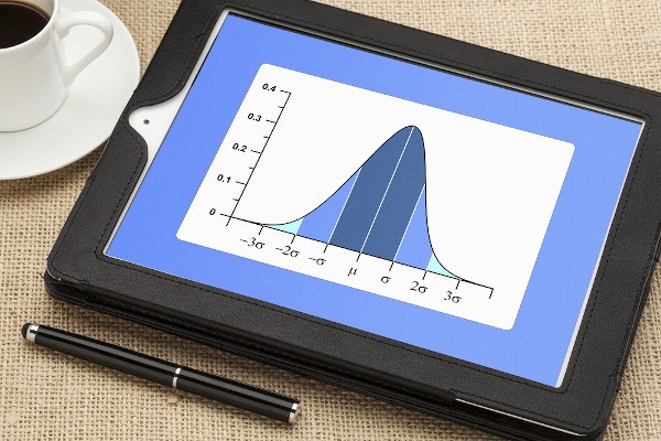 Representação em um tablet da relação entre a média (μ) e o desvio-padrão (σ) na distribuição normal.