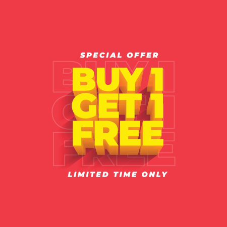 Texto em inglês “Special offer / Buy 1 / Get 1 Free / Limited time only” em fundo vermelho.