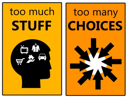 Duas placas com os textos: “Too much stuff” e “Too many choices”.