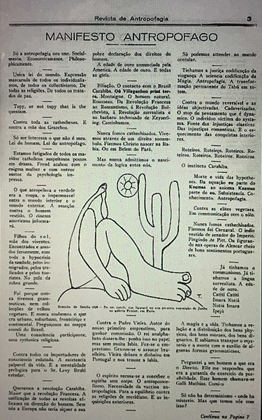 Publicação original do “Manifesto antropófago”, na “Revista de Antropofagia”, que influenciou o movimento antropofágico.